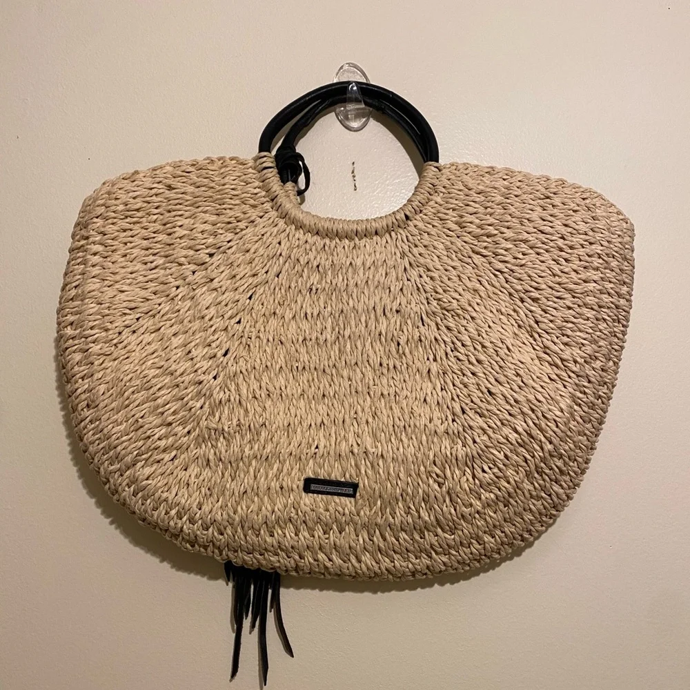 Rebecca Mincoff Stylish Black and Tan Straw Pom Pom Women's Handbag